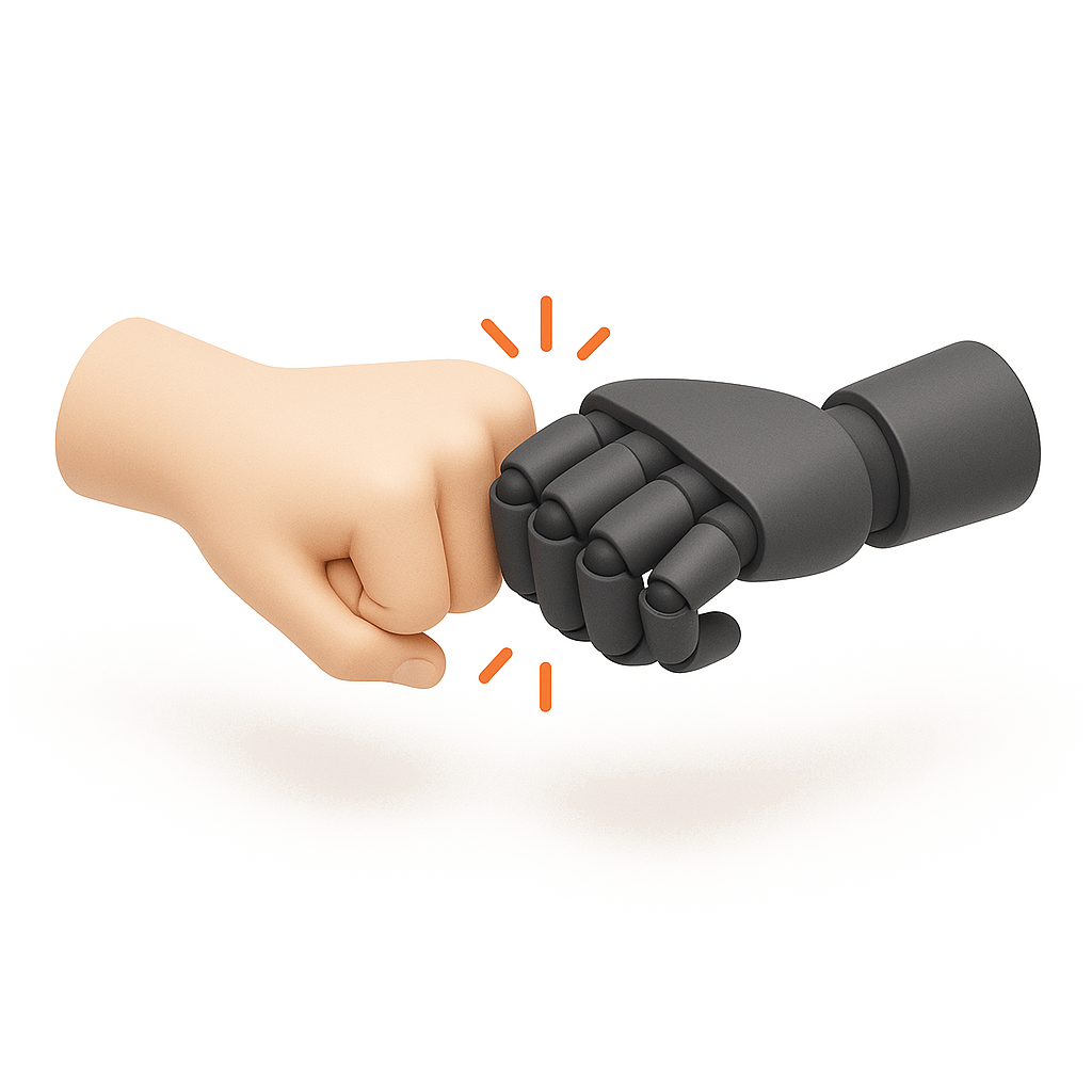 Una mano humana y una mano robot chocando puños