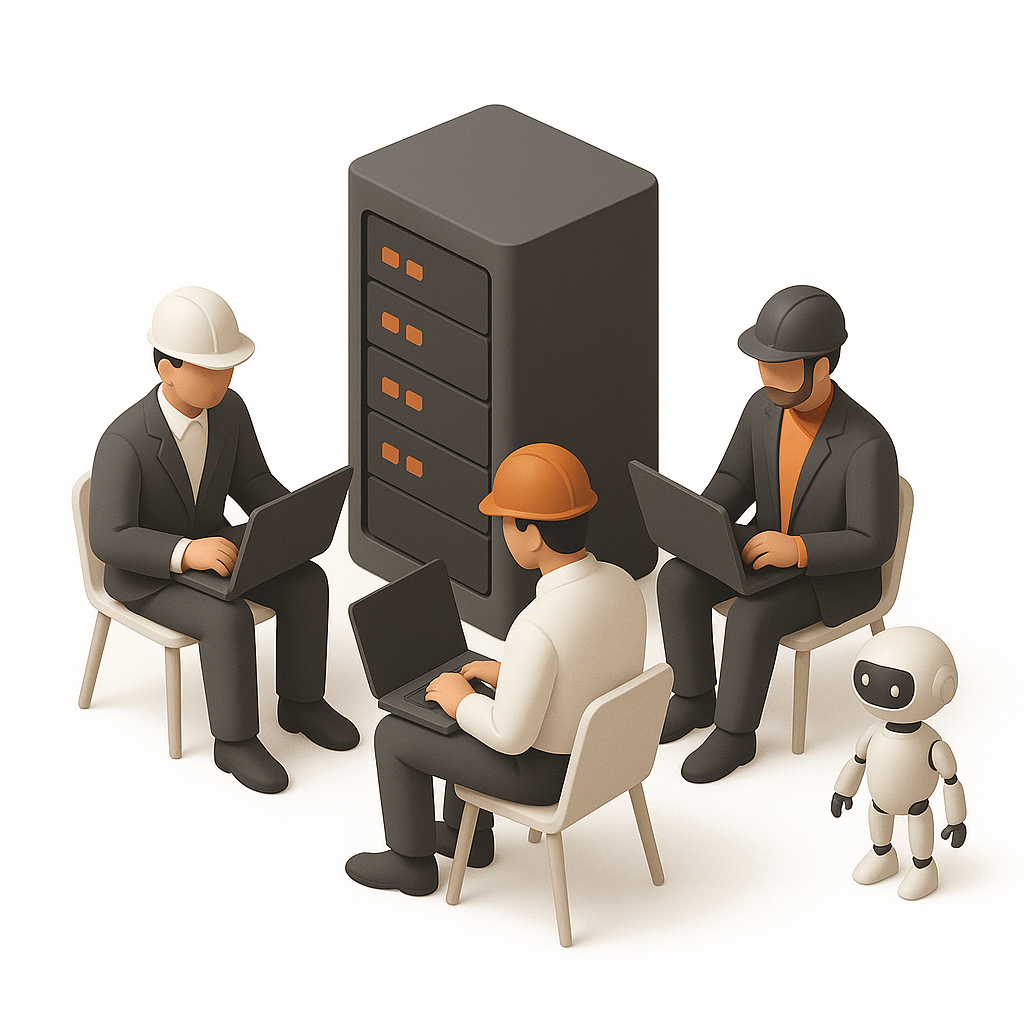 Ingenieros trabajando alrededor de un servidor junto a un robot